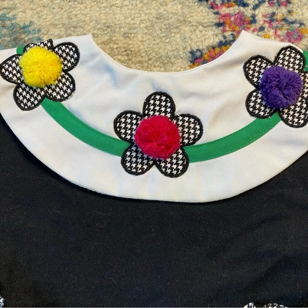 Vintage 1980s Black and White Houndstooth Floral Bib Dress
